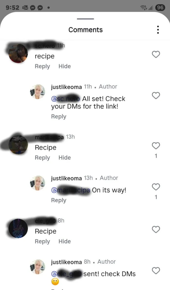 Instagram comments to "recipe" keyword