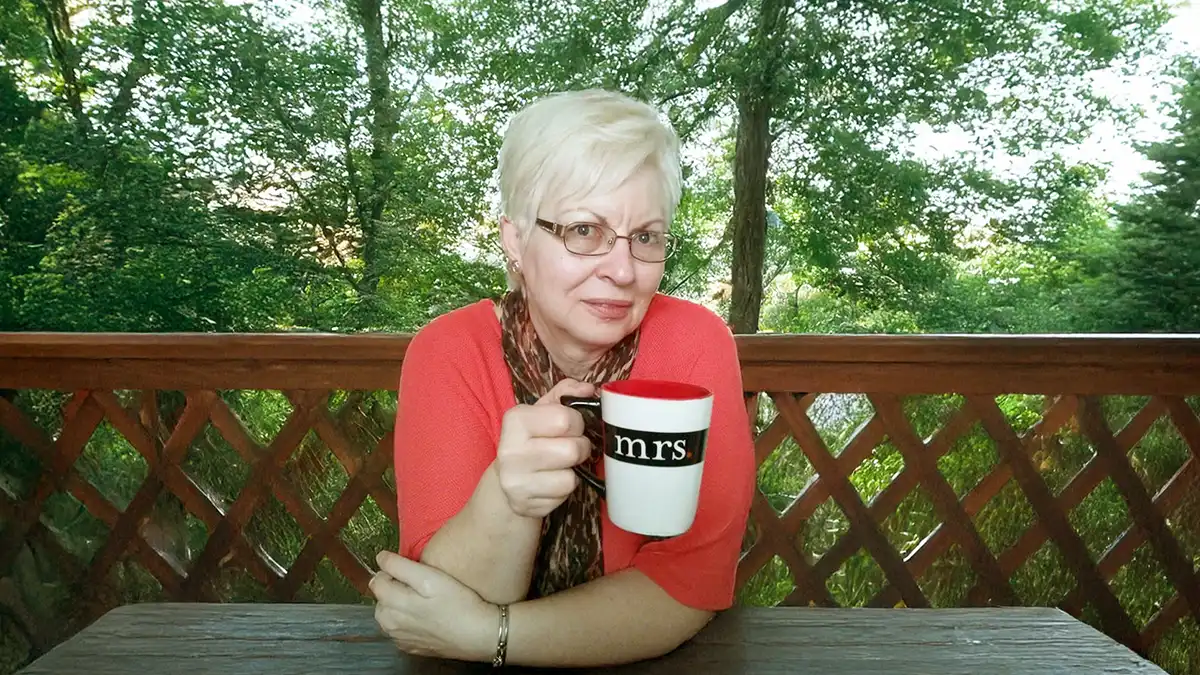 Oma Gerhild having coffee outdoors