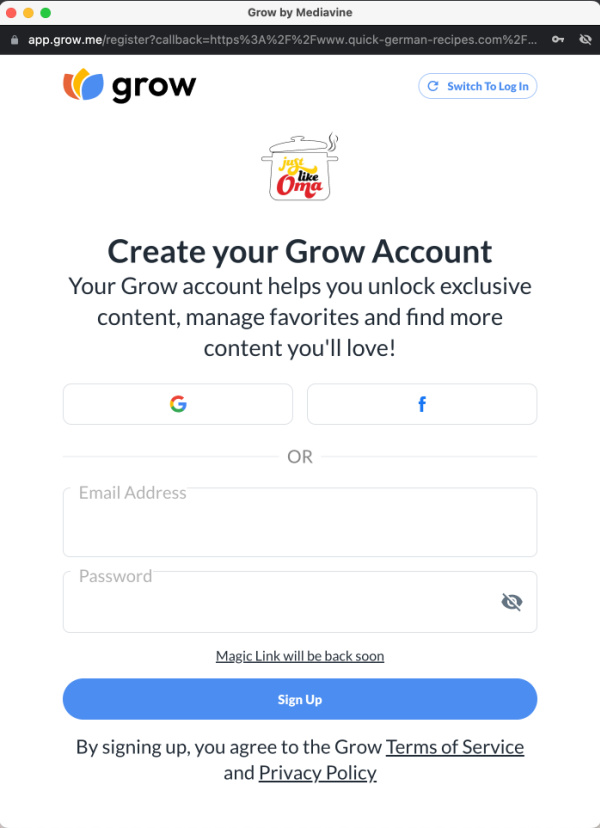 Fill out the grow sign up page