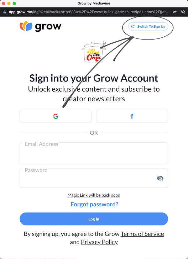 Toggle between Grow sign up and Log in.